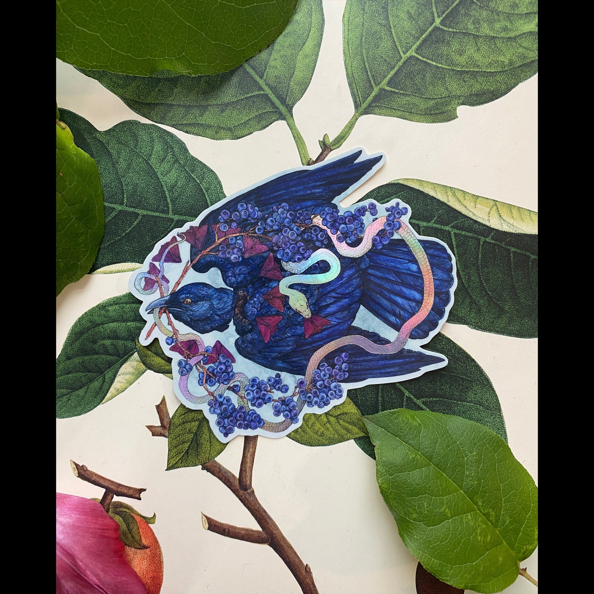 Crow and Blueberries Holographic Sticker